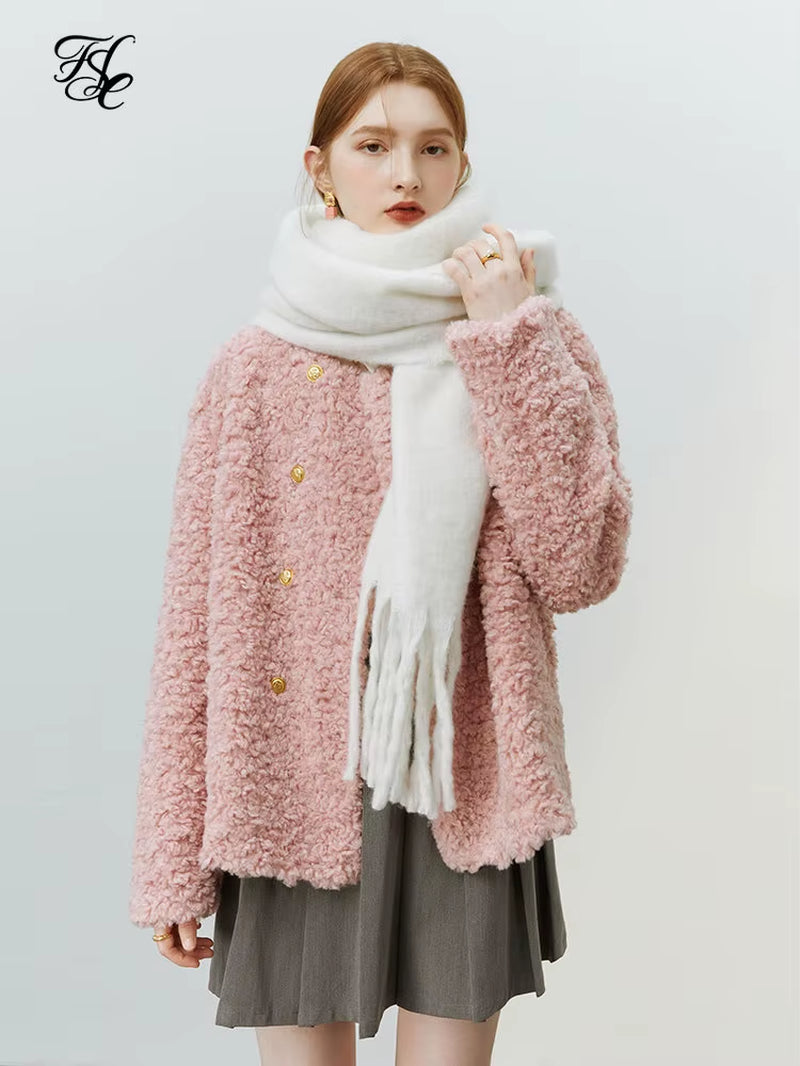 FSLE Women's O-Neck Faux Fur Coat with Full Sleeves in Pink and White