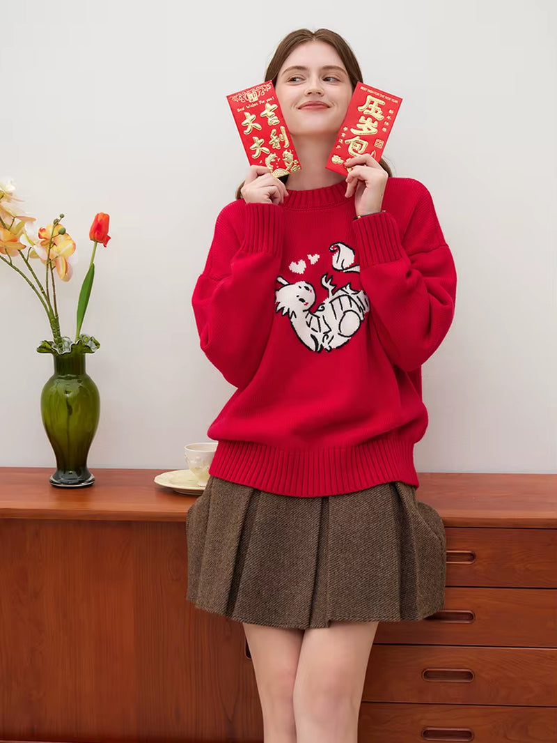 FSLE Embroidery Cartoon Dragon  Red Loose Sweater