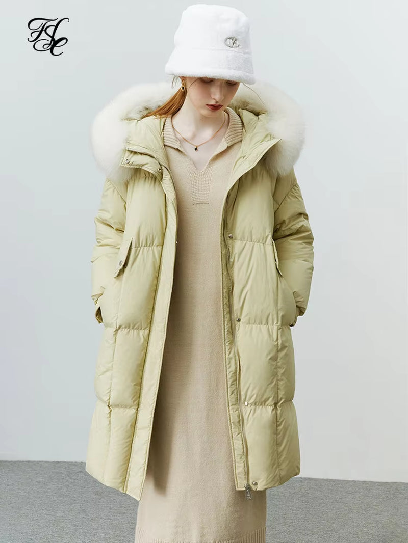 FSLE Fox Fur Collar Hooded down Jacket Women Mid-Length