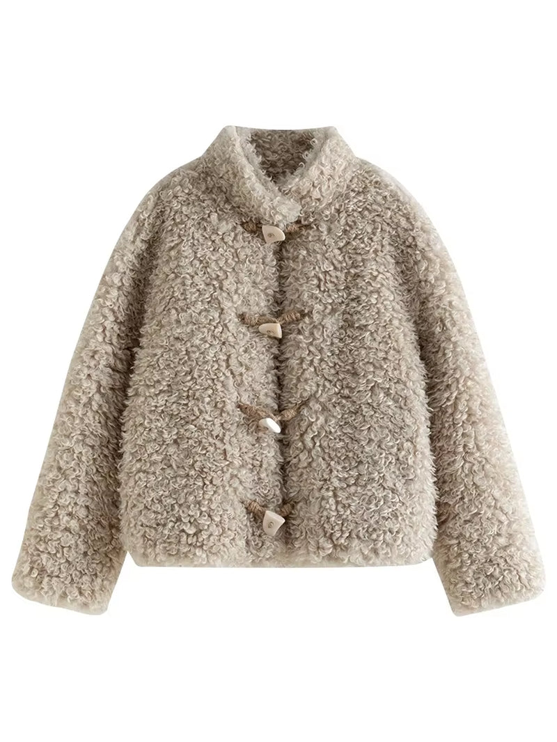 FSLE Stand Collar Horn Button Design Loop Faux Fur Short Jacket