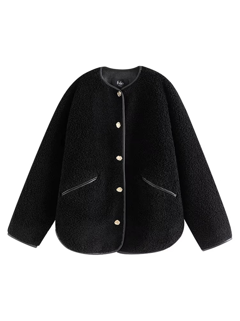 Chic Vintage Fur One-Piece Jacket for Women - Stylish Loose Winter Coat with Round Collar