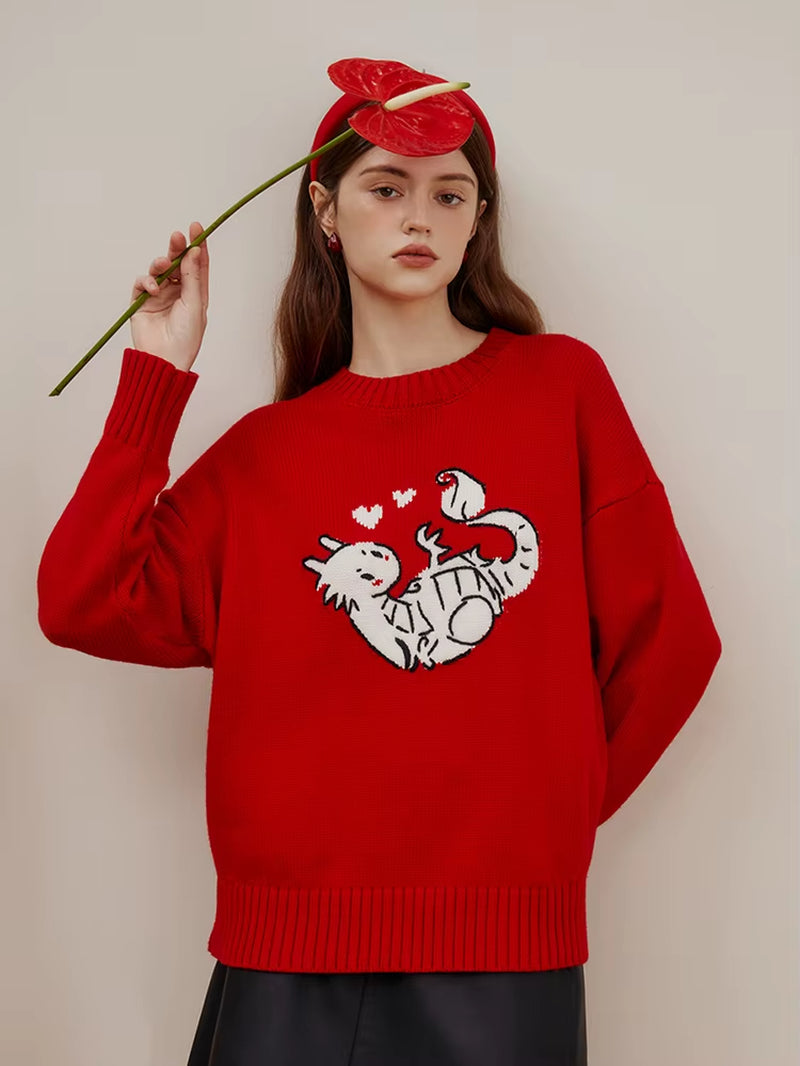 FSLE Embroidery Cartoon Dragon  Red Loose Sweater