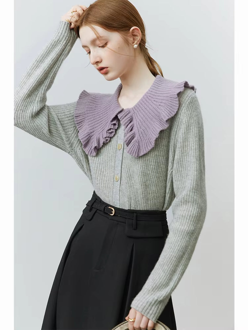 FSLE Retro Lapel Fungus Stitching Knitted Cardigan Coat 