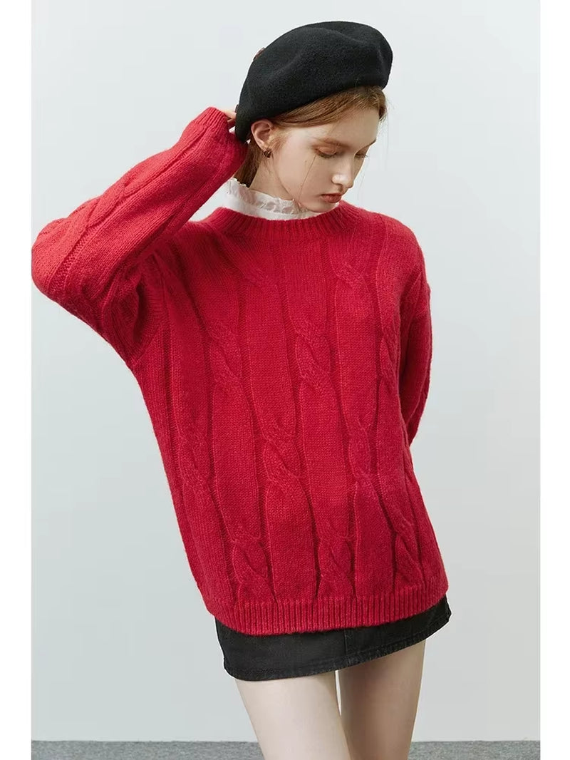 FSLE Round Neck Twisted Mohair Sweater for Women 