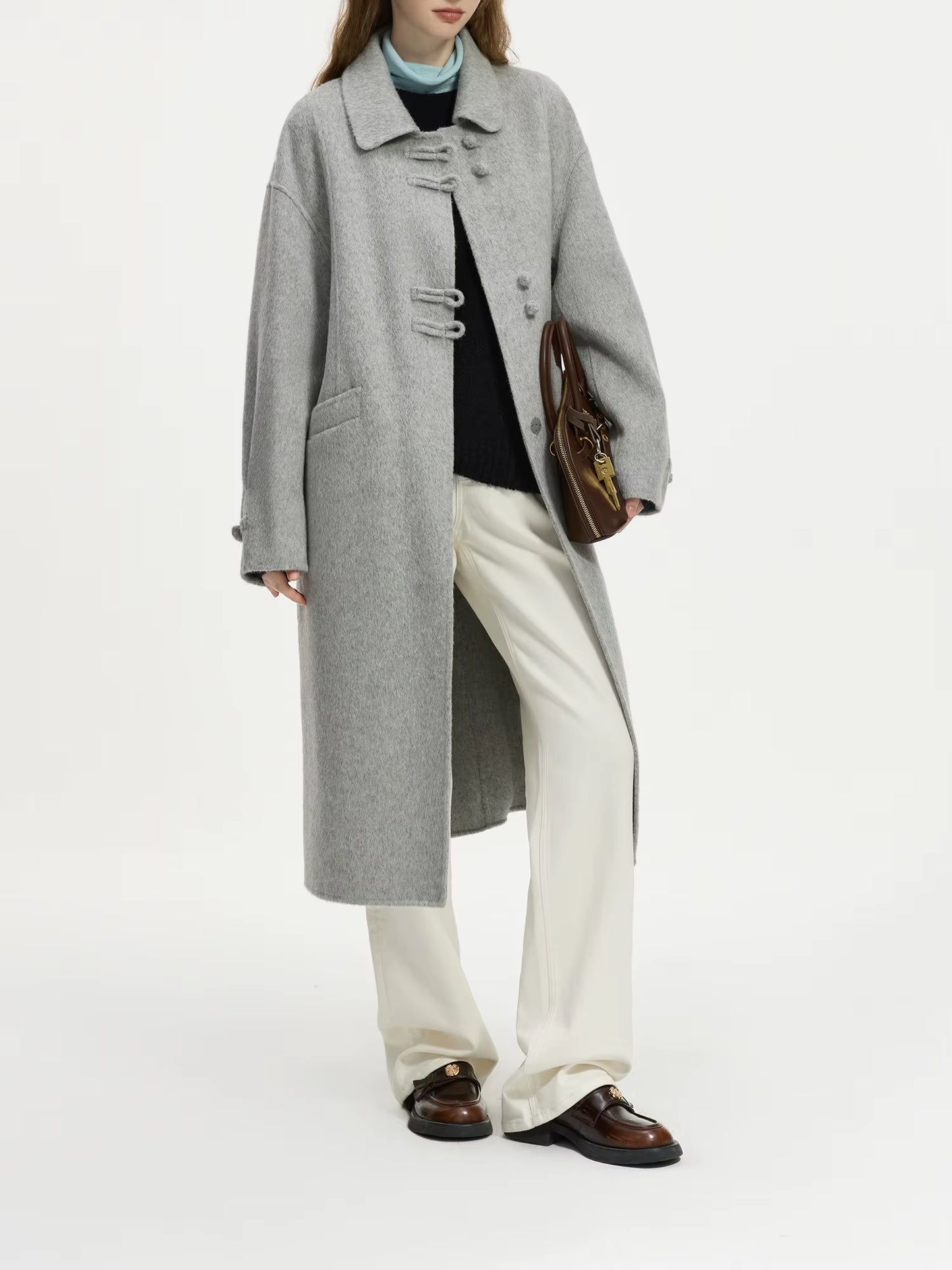 Wool Long Coat New Chinese Style Polo Neck