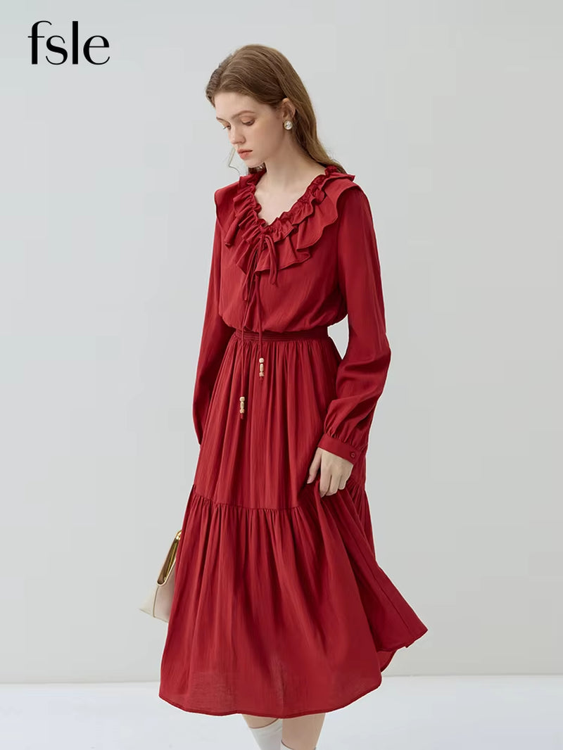 FSLE Ruffle Neck Long Sleeve Waist Women Dresses 2023 Autumn Retro Red Office Lady A-LINE Skirts Sweet Female Mid-Calf Dress