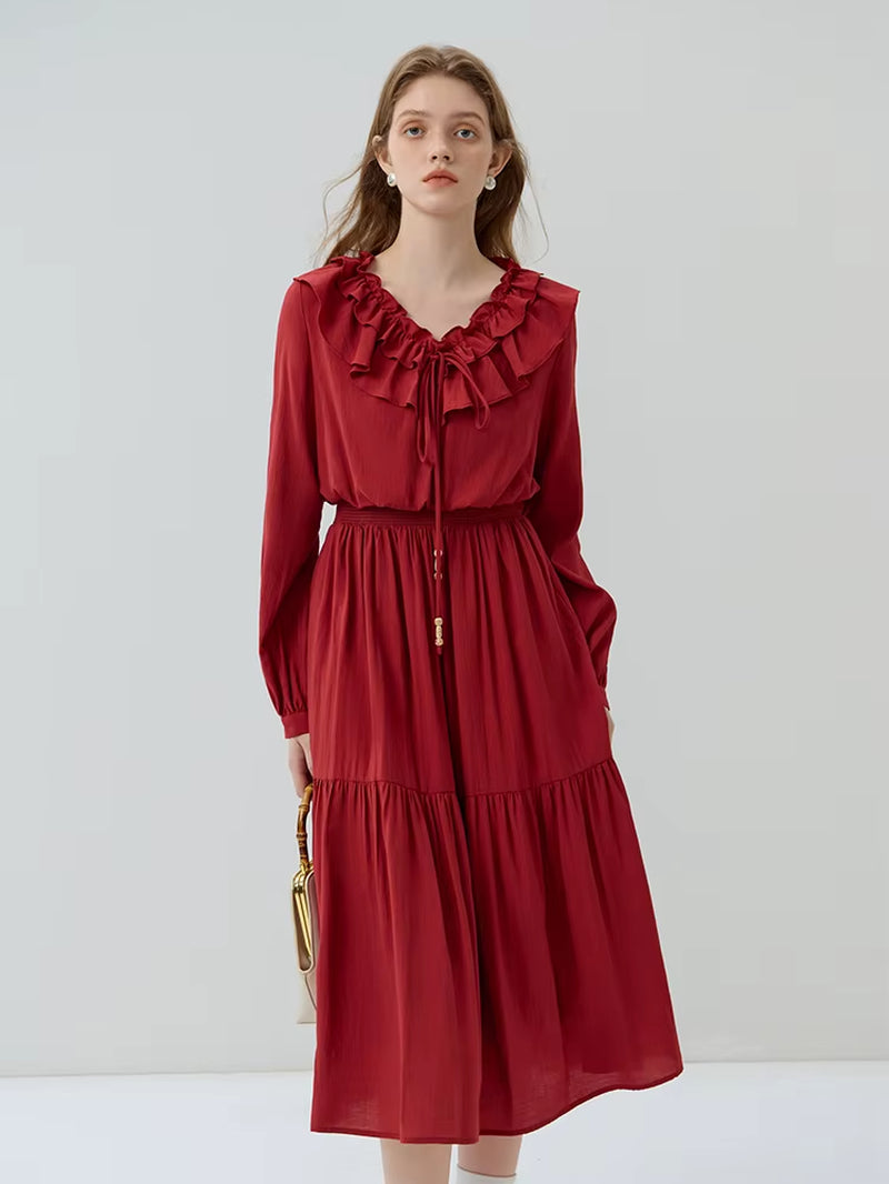 FSLE Ruffle Neck Long Sleeve Waist Women Dresses 2023 Autumn Retro Red Office Lady A-LINE Skirts Sweet Female Mid-Calf Dress