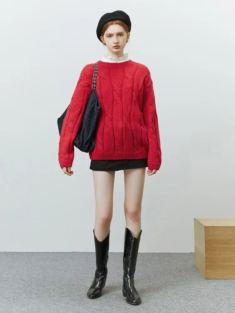 FSLE Round Neck Twisted Mohair Sweater for Women 