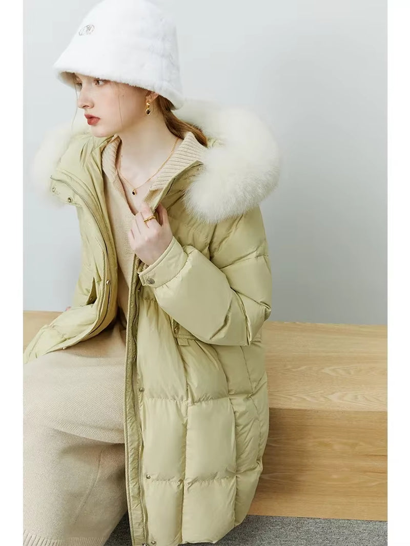 FSLE Fox Fur Collar Hooded down Jacket Women Mid-Length