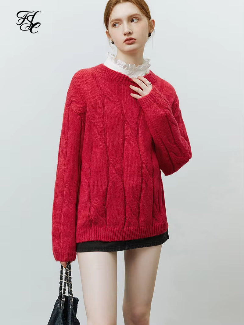 FSLE Round Neck Twisted Mohair Sweater for Women 