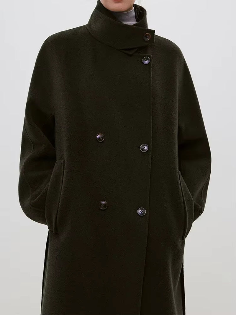 FSLE 100% Wool Stand Collar Diagonal Placket Design Double-Breasted Long Dark Green Woolen Coats Straight Commuter Black Jackets