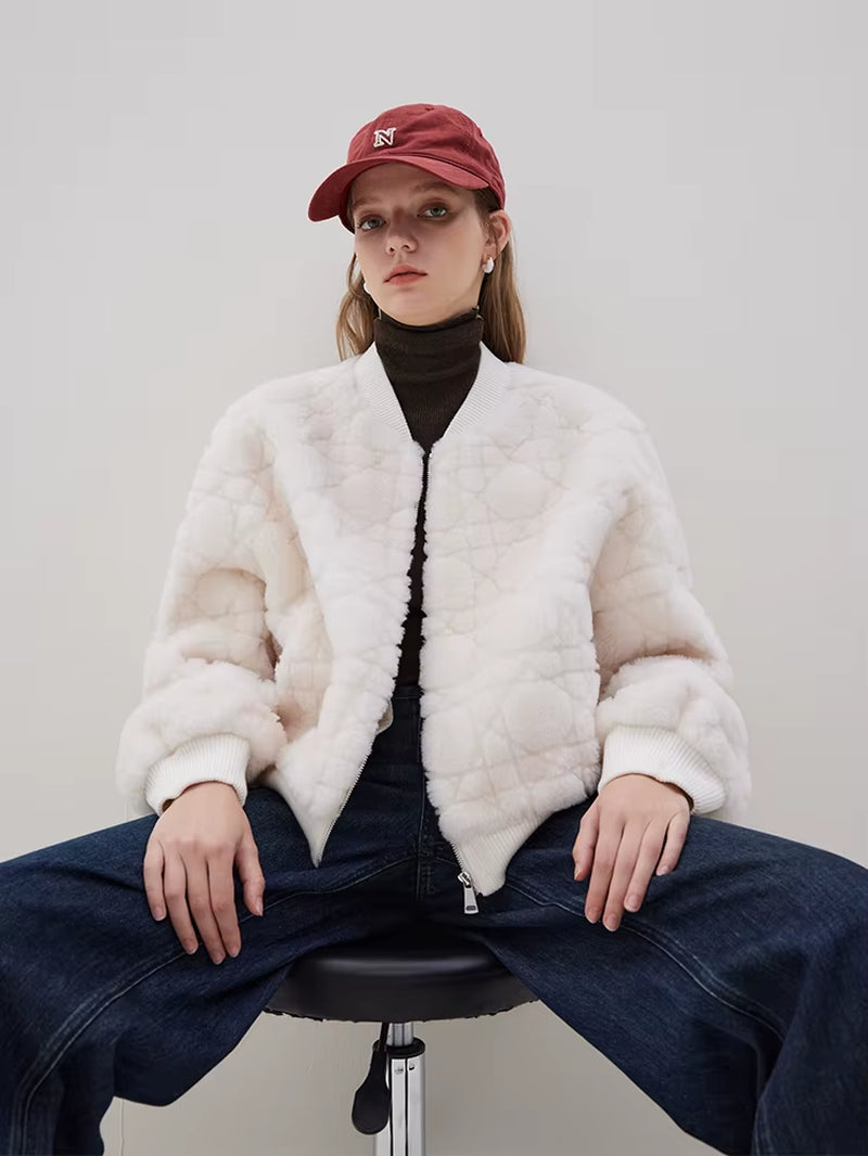 FSLE Soft Designed Grain Velvet Imitation Fur Baseball Jacket 