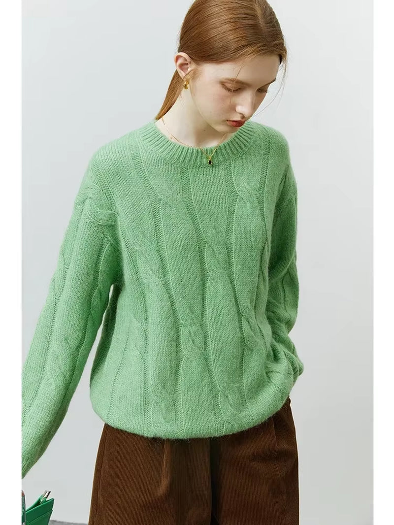 FSLE Round Neck Twisted Mohair Sweater for Women 