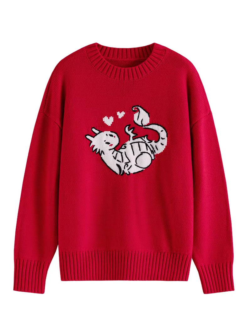 FSLE Embroidery Cartoon Dragon  Red Loose Sweater