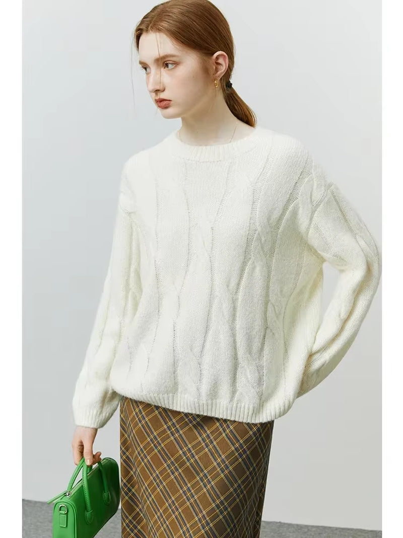 FSLE Round Neck Twisted Mohair Sweater for Women 