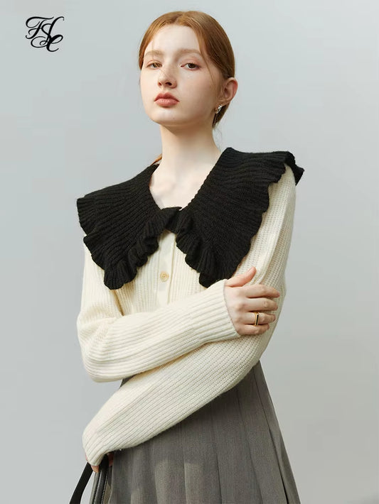 FSLE Retro Lapel Fungus Stitching Knitted Cardigan Coat 