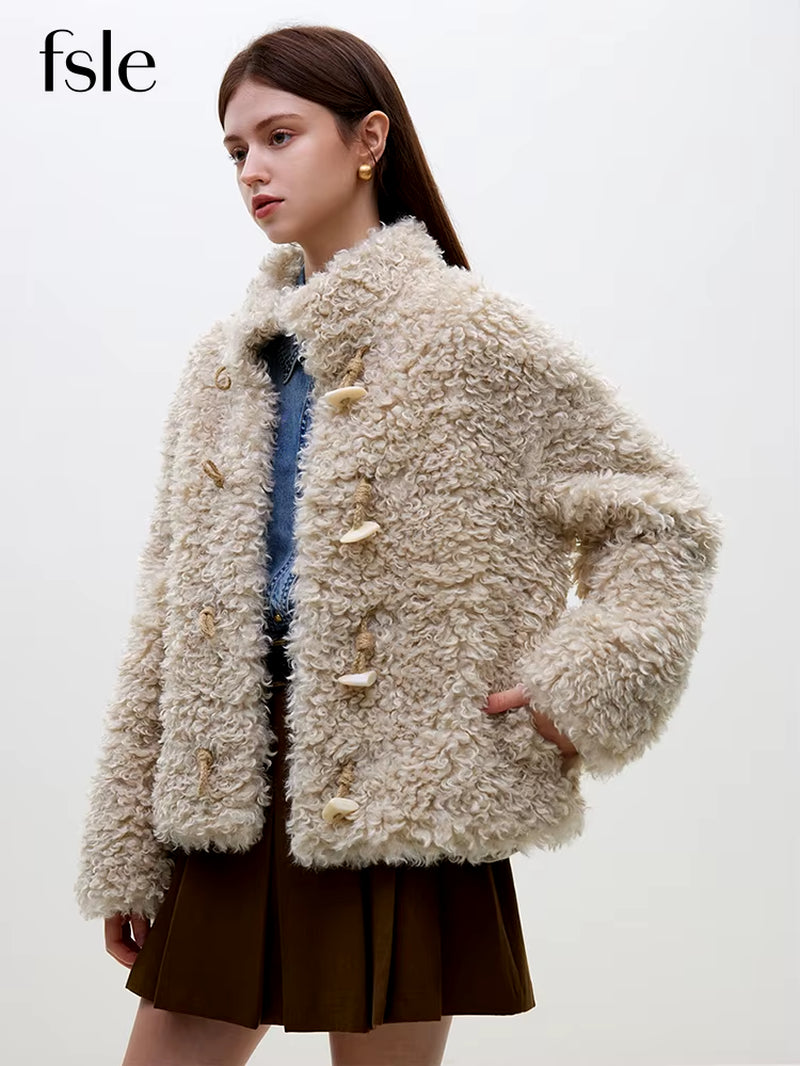 FSLE Stand Collar Horn Button Design Loop Faux Fur Short Jacket