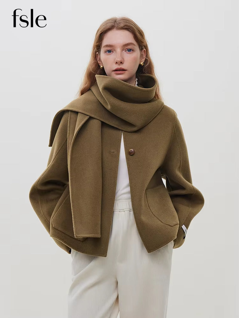 FSLE Short Scarf Collar Woolen Coats