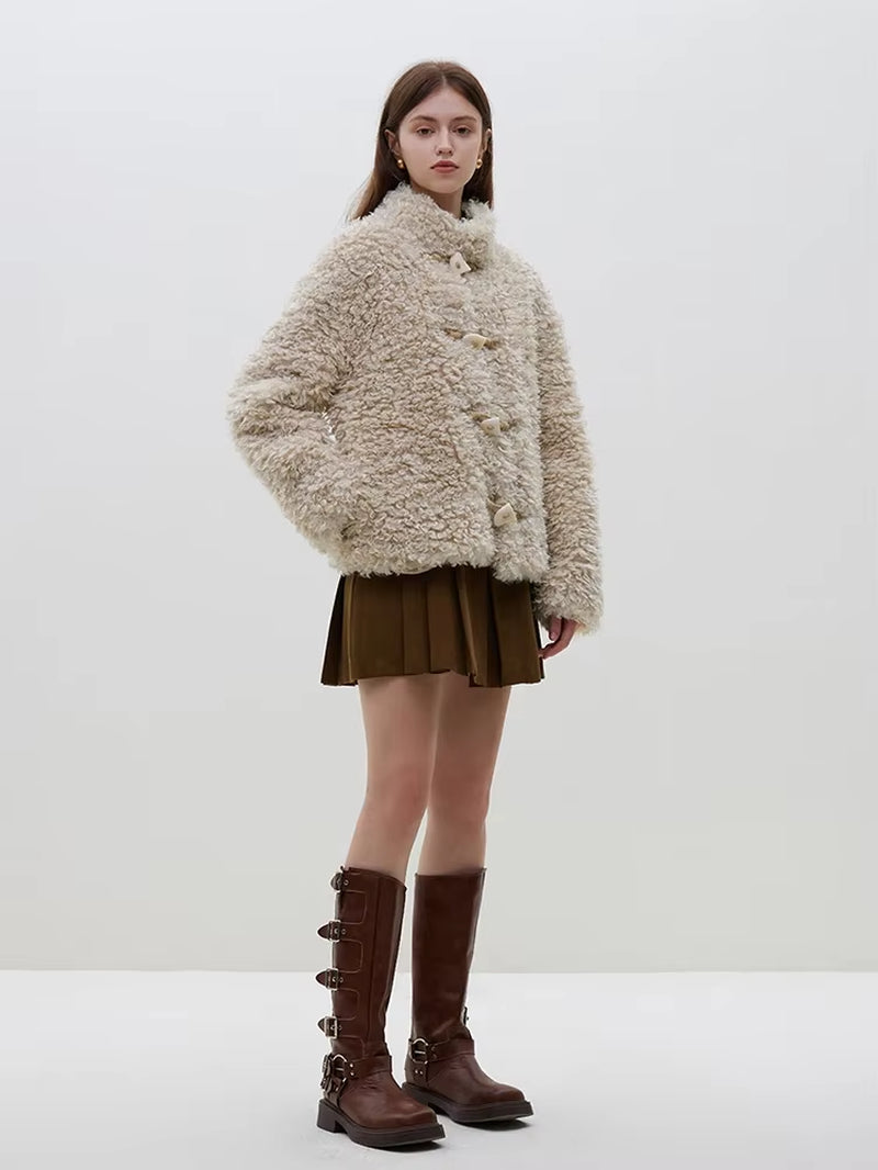 FSLE Stand Collar Horn Button Design Loop Faux Fur Short Jacket