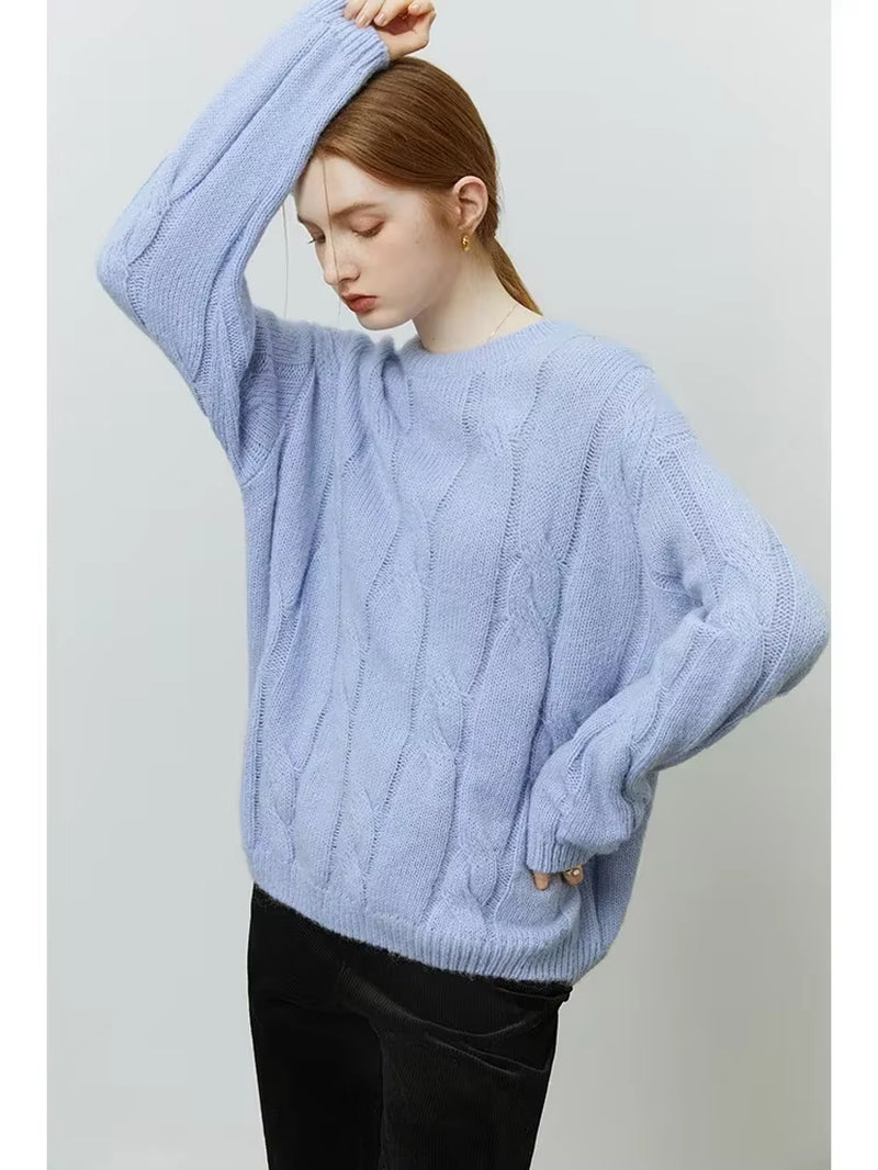 FSLE Round Neck Twisted Mohair Sweater for Women 