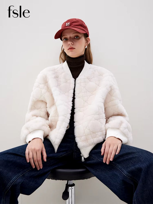 FSLE Soft Designed Grain Velvet Imitation Fur Baseball Jacket 