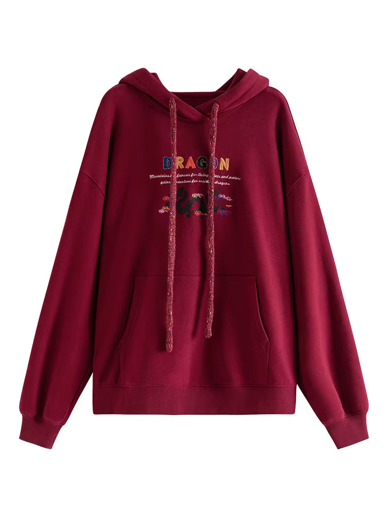 FSLE Red Chinese Style Velvet Hooded Sweatshirt