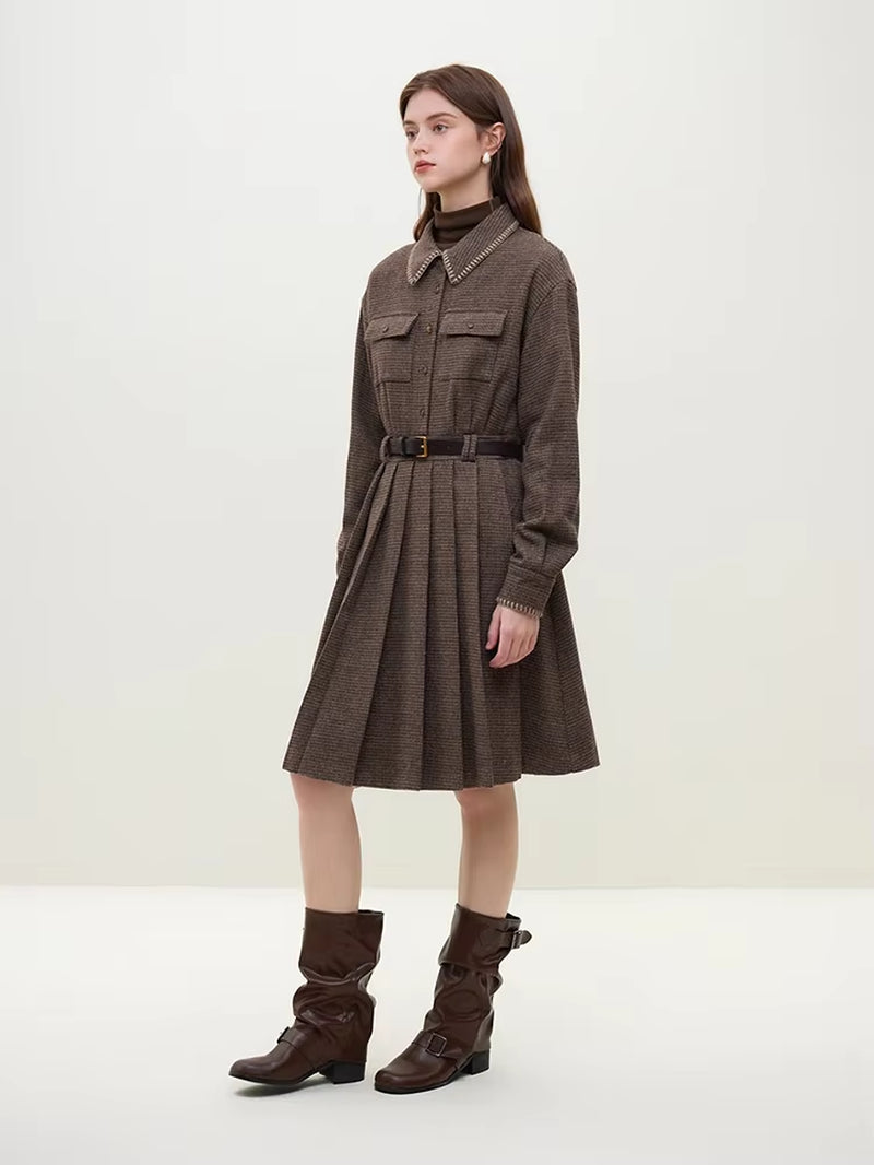 FSLE Polo Neck Women Brown Plaid Stripe Knee-Length Dress 