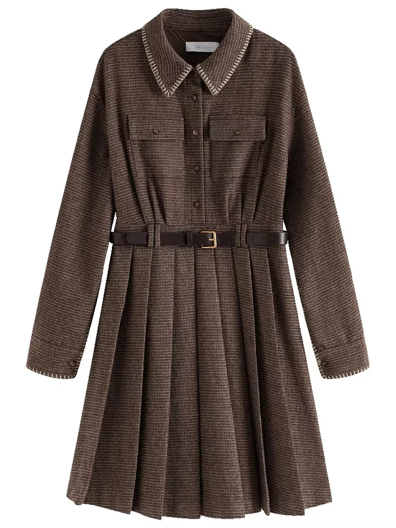 FSLE Polo Neck Women Brown Plaid Stripe Knee-Length Dress 