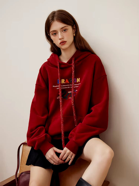 FSLE Red Chinese Style Velvet Hooded Sweatshirt