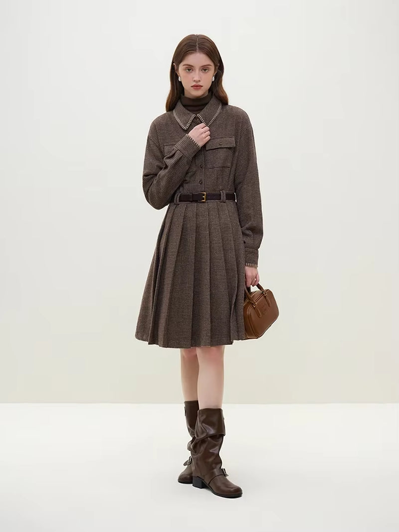 FSLE Polo Neck Women Brown Plaid Stripe Knee-Length Dress 