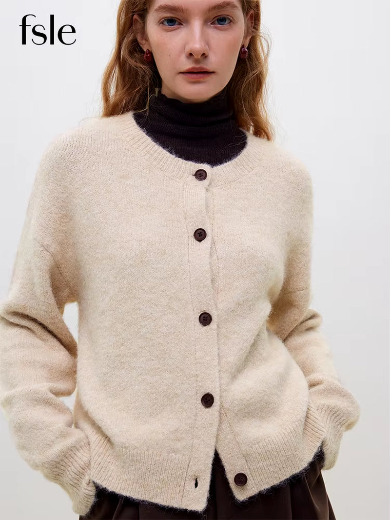 FSLE round Neck Drop Sleeve Winter Warm Casual Cardigans Contrast Color Button Design Apricot Commuter Short Female Sweaters