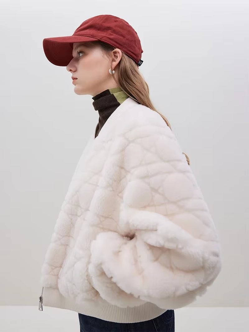 FSLE Soft Designed Grain Velvet Imitation Fur Baseball Jacket 