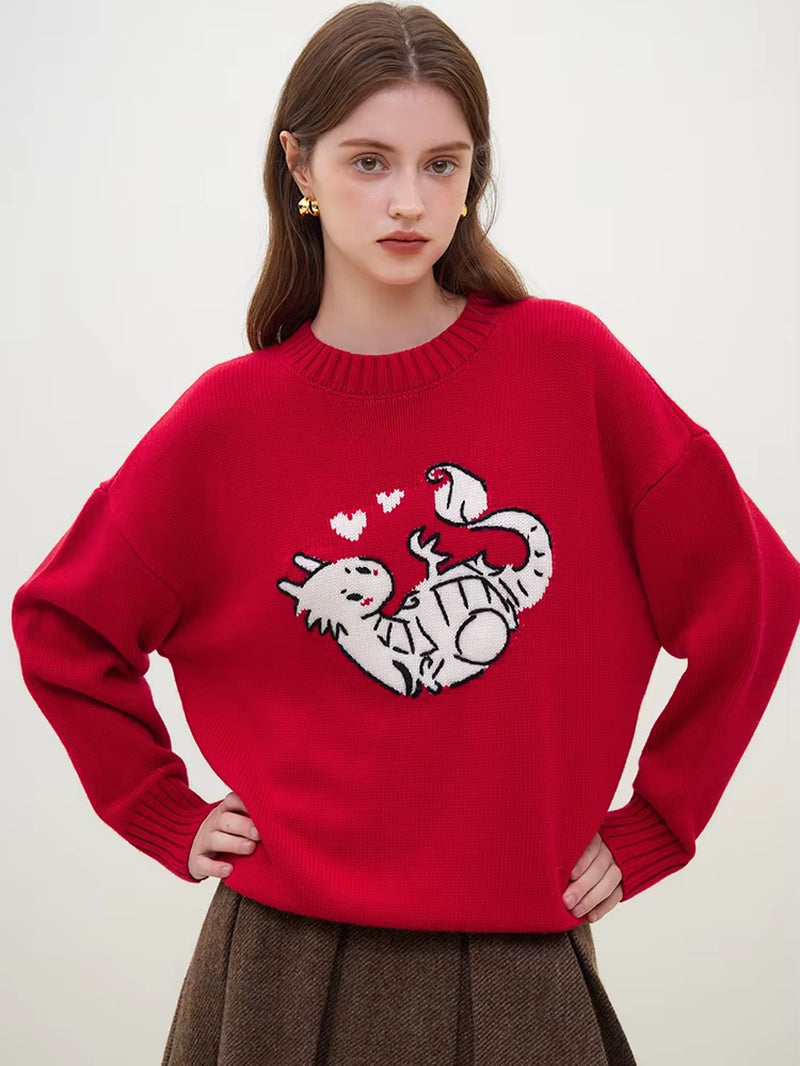 FSLE Embroidery Cartoon Dragon  Red Loose Sweater